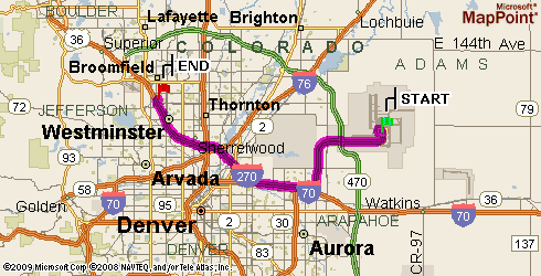 Map showing the route from DIA to the Westin Westminster Hotel