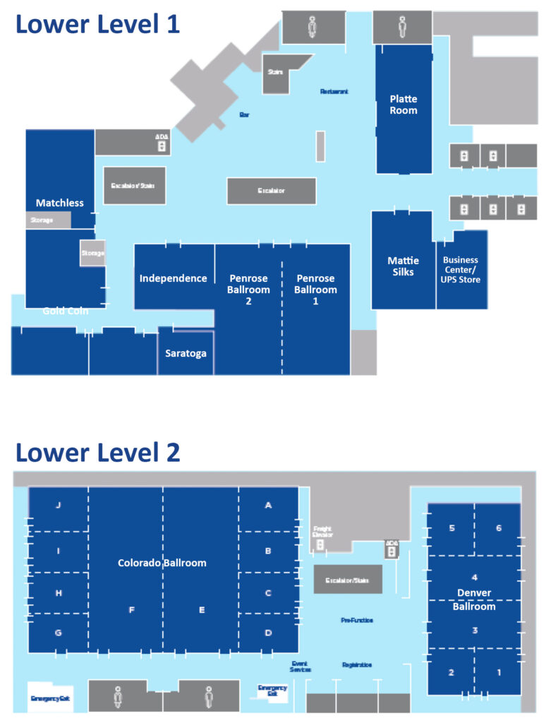 Floor plan of Lower Level 1 and Lower Level 2. Lower Level 1 includes Matchless, Independence, Penrose I and II, and Mattie Silks. Lower Level 2 includes the registration desk, ballrooms, and Denver and Colorado rooms.